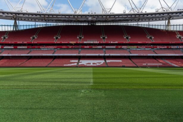 Wide view of an empty Emirates Stadium, home of Arsenal FC, in North London, England.