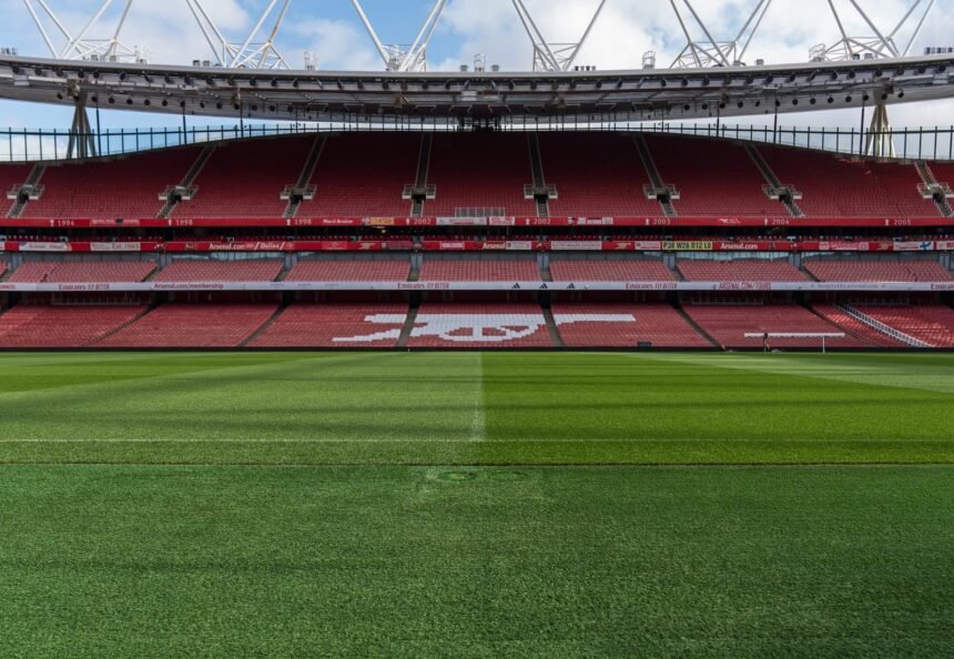 Wide view of an empty Emirates Stadium, home of Arsenal FC, in North London, England.