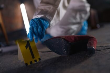 Crime scene investigation with shoe as evidence marked with number one and forensic glove.