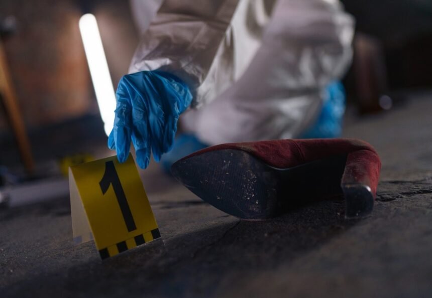 Crime scene investigation with shoe as evidence marked with number one and forensic glove.