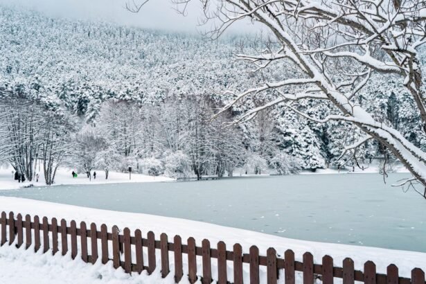 A peaceful winter scene featuring a frozen lake, snow-covered trees, and a wooden fence under a blanket of fresh snow.
