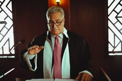 Mature male judge in a courtroom taking an oath, Baghdad, Iraq.