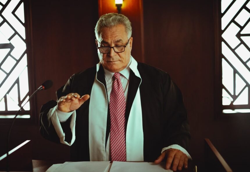 Mature male judge in a courtroom taking an oath, Baghdad, Iraq.