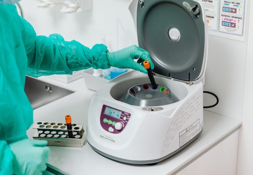 A healthcare professional operates a centrifuge machine in a laboratory, ensuring sterile medical procedures.