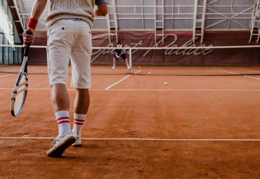Players competing in a tennis match on an indoor clay court.