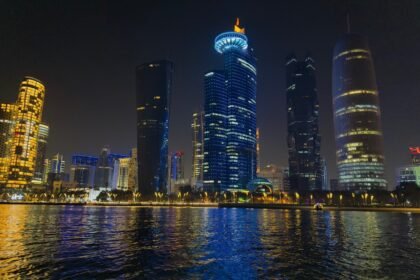 Captivating night scene of Doha's illuminated skyline reflecting on water in Qatar.