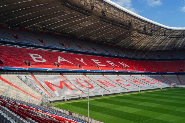 Explore the iconic Allianz Arena in Munich, home to FC Bayern, captured empty and sunlit.