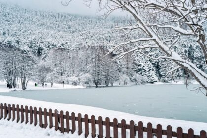 A peaceful winter scene featuring a frozen lake, snow-covered trees, and a wooden fence under a blanket of fresh snow.