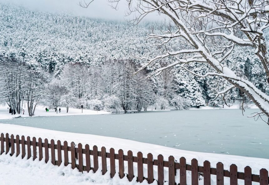 A peaceful winter scene featuring a frozen lake, snow-covered trees, and a wooden fence under a blanket of fresh snow.