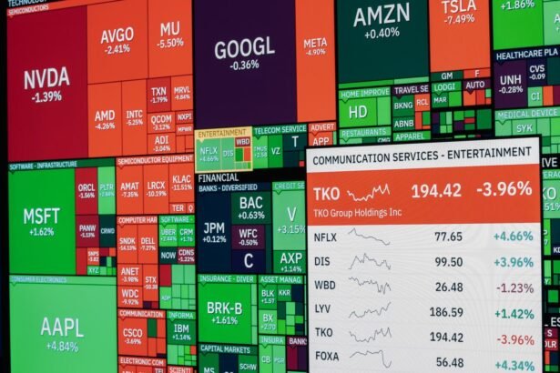 Colorful stock market board displaying various company stock performances and trends.