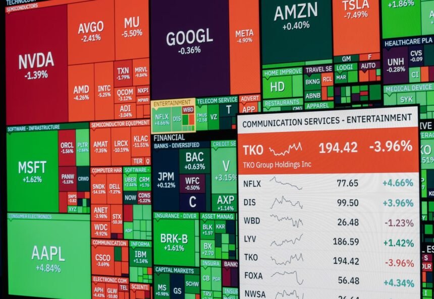 Colorful stock market board displaying various company stock performances and trends.