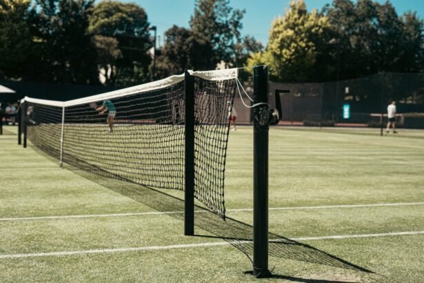 Grass tennis court with net at park in Melbourne, Australia. Perfect for leisure and sports enthusiasts.