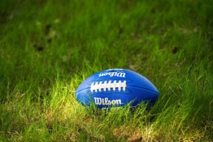 A bright blue Wilson football resting on a lush green grass field, illuminated by sunlight.