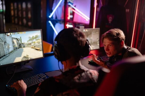 Two gamers engaged in a heated video game session surrounded by neon lights and computer screens.